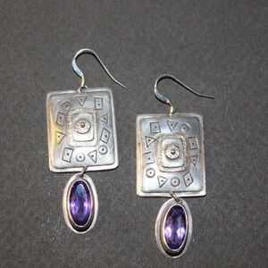 New Sterling Silver Drop Earrings with Amethyst Stone on Ear Wires